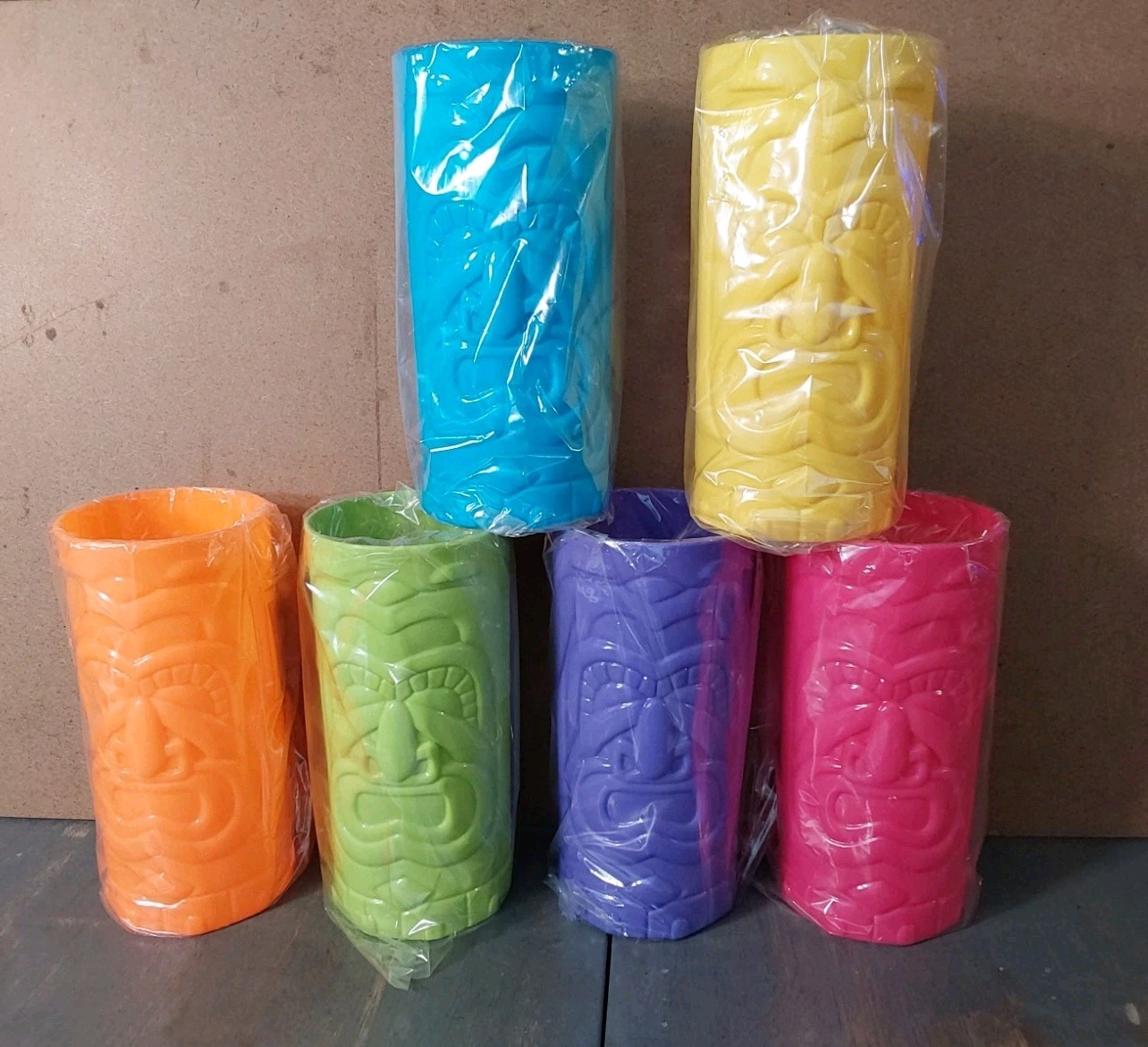 Tiki Cups Plastic Party Cups 6 Set 7'' Tall Orange Blue Yellow Purple Green Pink gallery