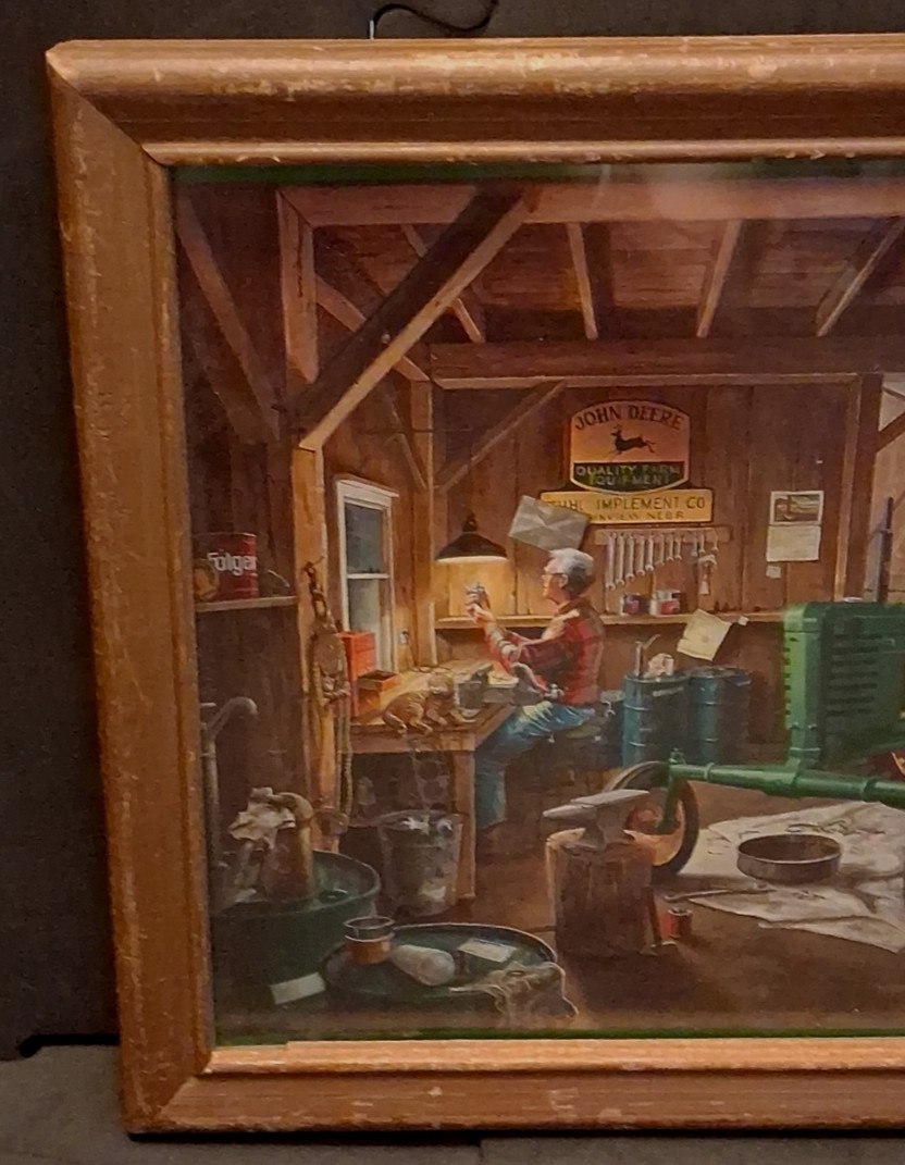 Vtg John Deere Collector "Working In The Garage" Framed 11" x 9" Picture gallery