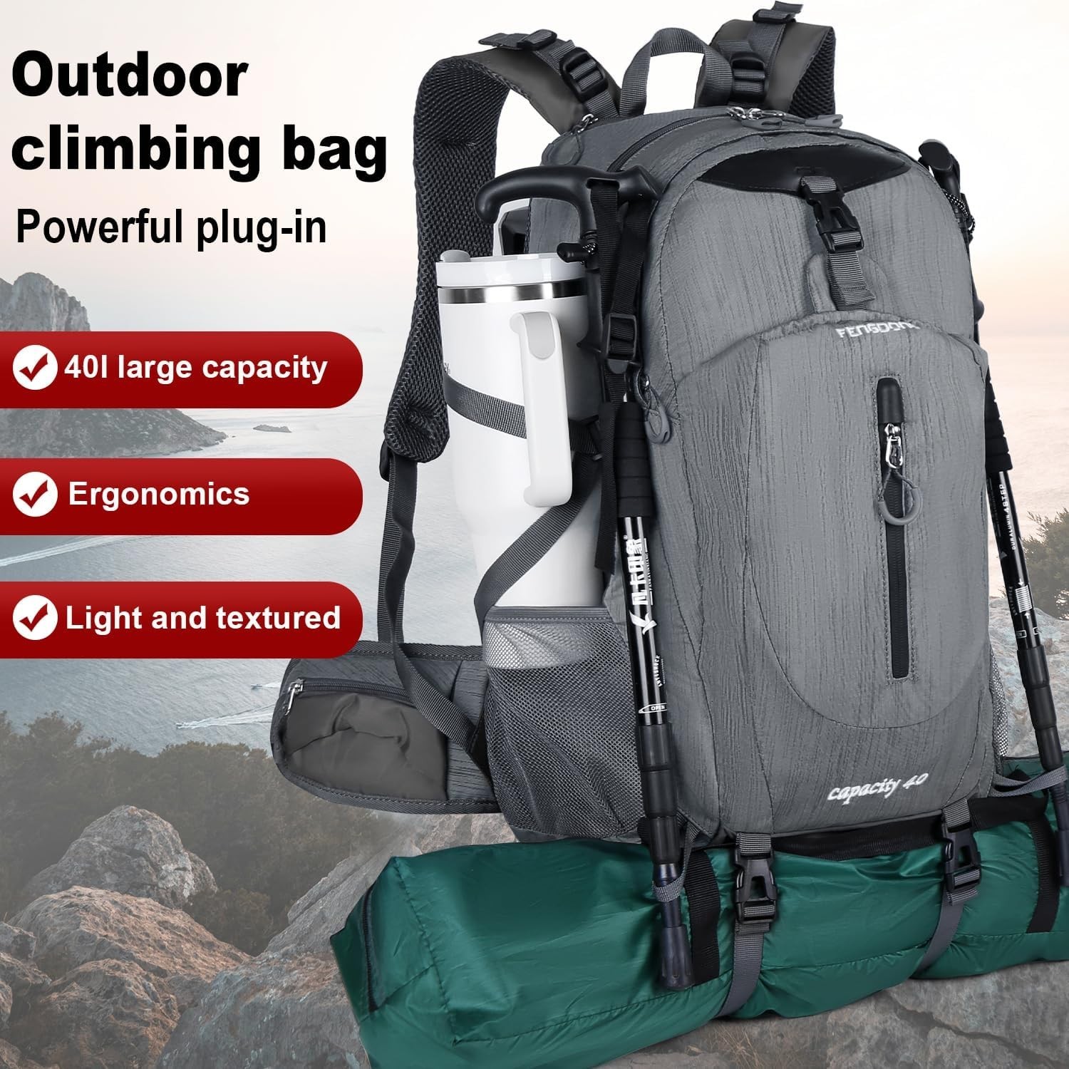 Gray Waterproof Travel & Hiking Backpack – 40L with Multiple Compartments 5