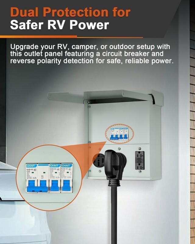 RV Electrical Outlet Panel with Breaker, Temporary Power Outlet 20/30/50 Amp gallery