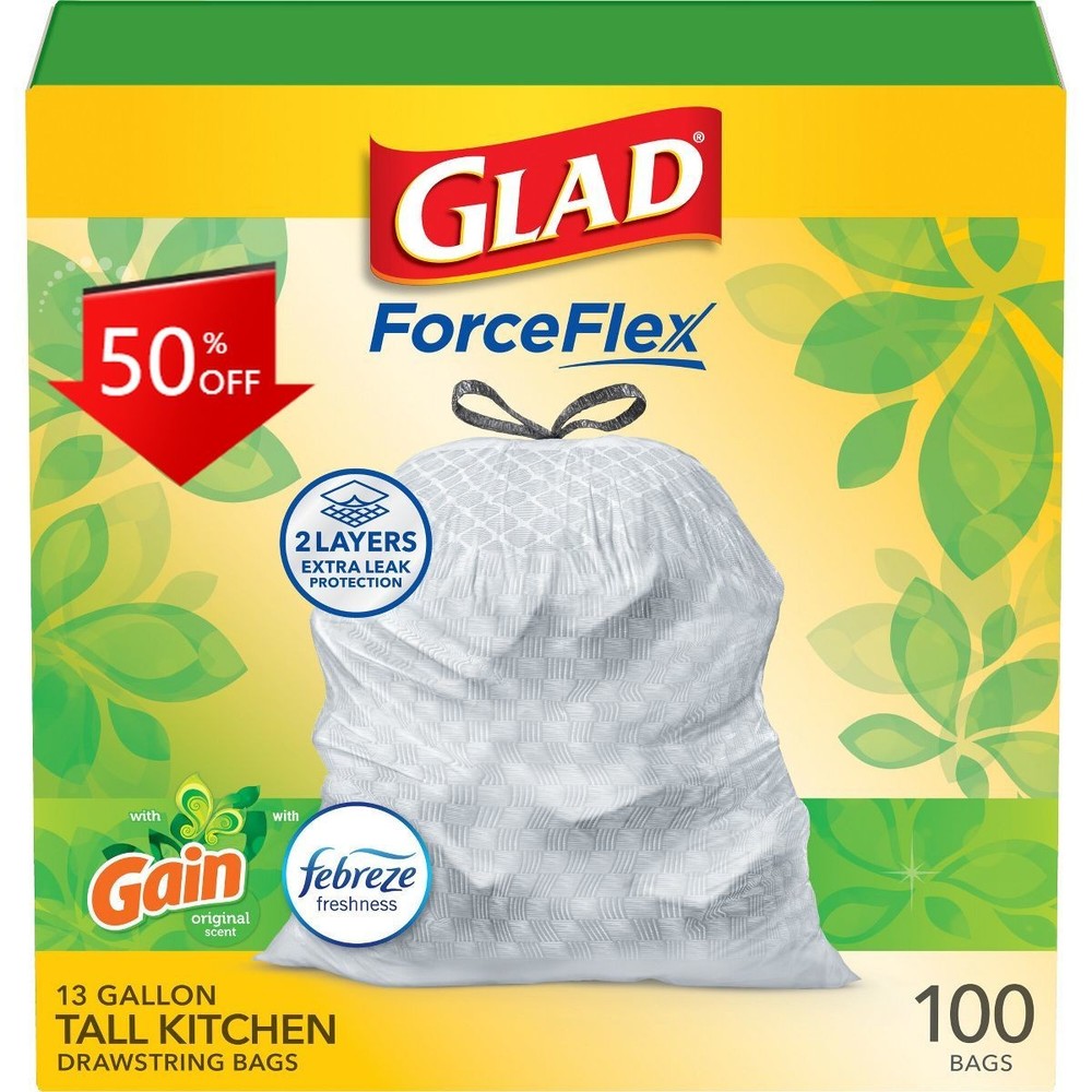 Glad ForceFlex Tall Kitchen Drawstring Trash Bags - Gain Original-13 Gallon100ct