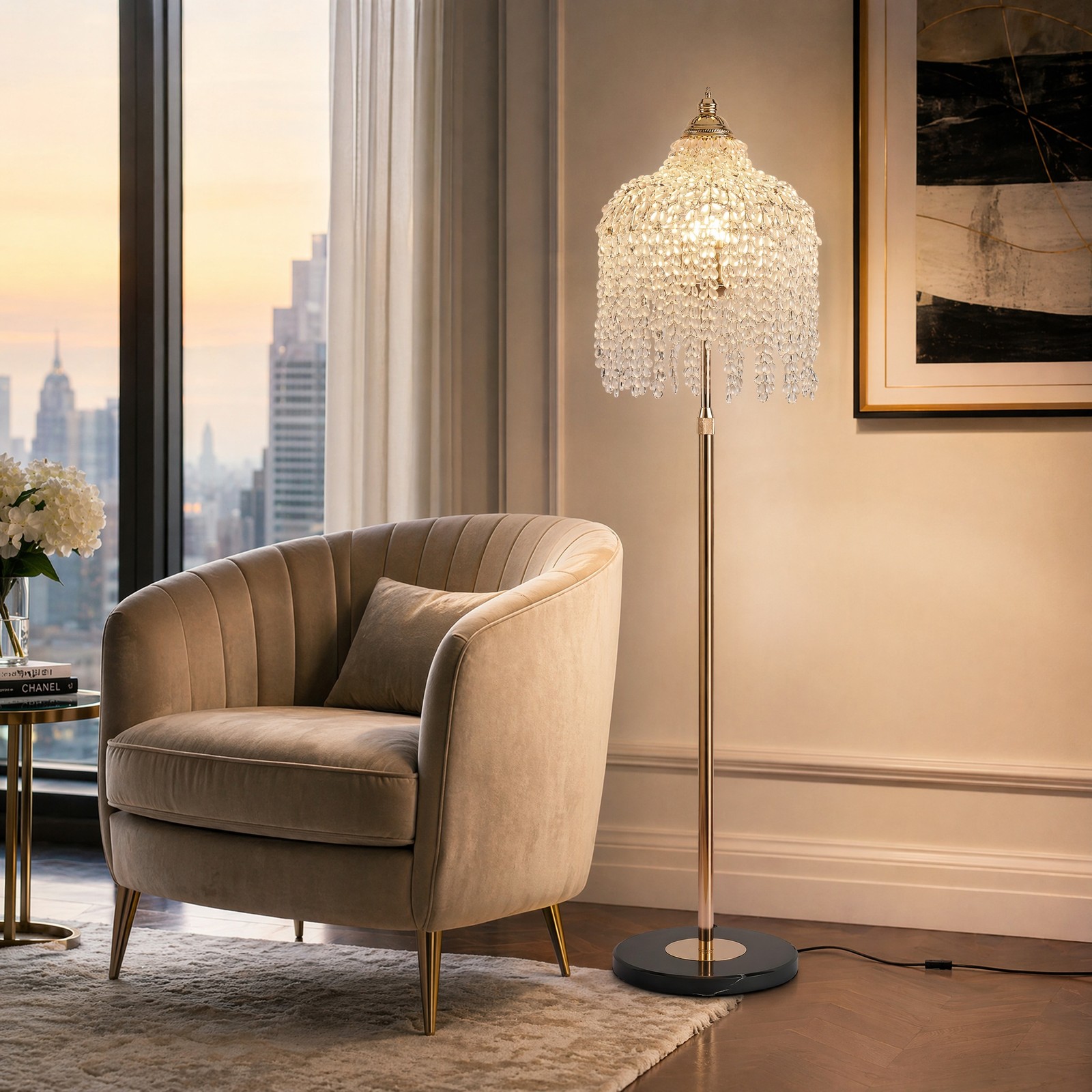 63 in Modern Grape Beads Crystal LED Floor Lamp Marble Base Living Room Lighting gallery