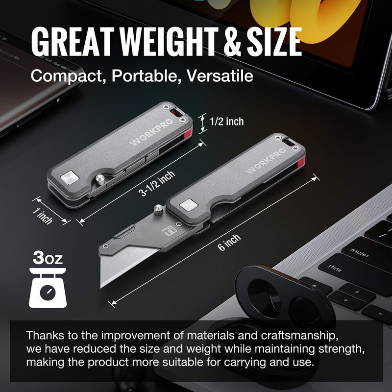 WORKPRO Titanium Folding Utility Knife CNC Unibody Box Cutter Quick Change Blade gallery