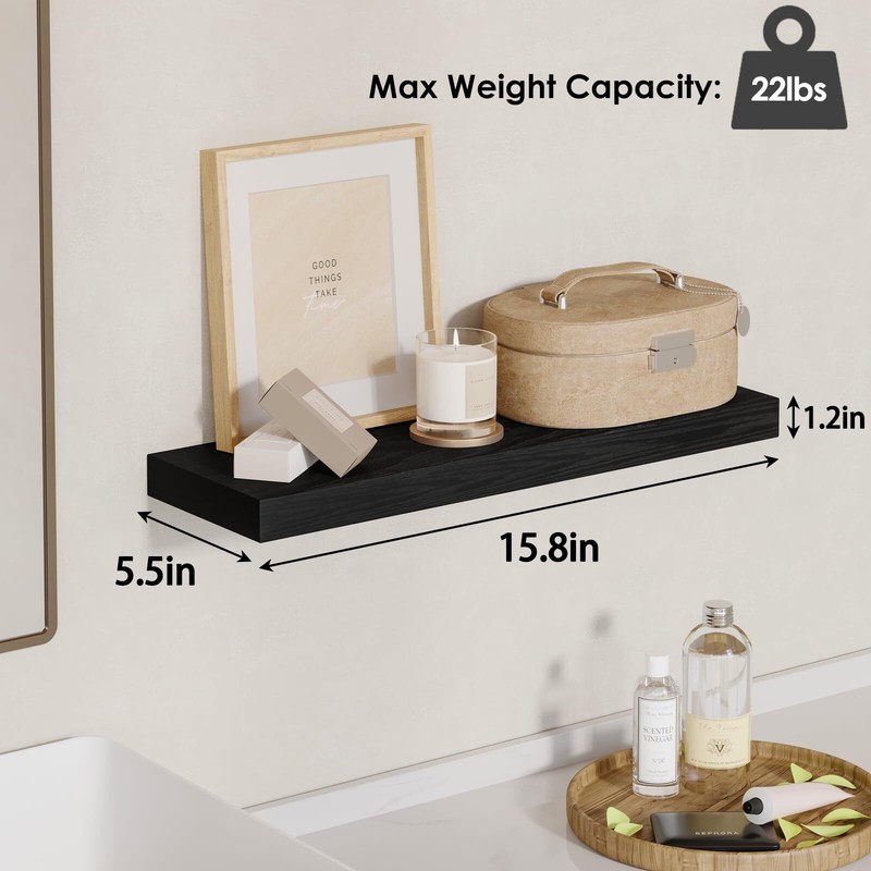 Black Wall Mounted Floating Shelves Rustic Wood Set of 4 15.8-Inch Storage gallery