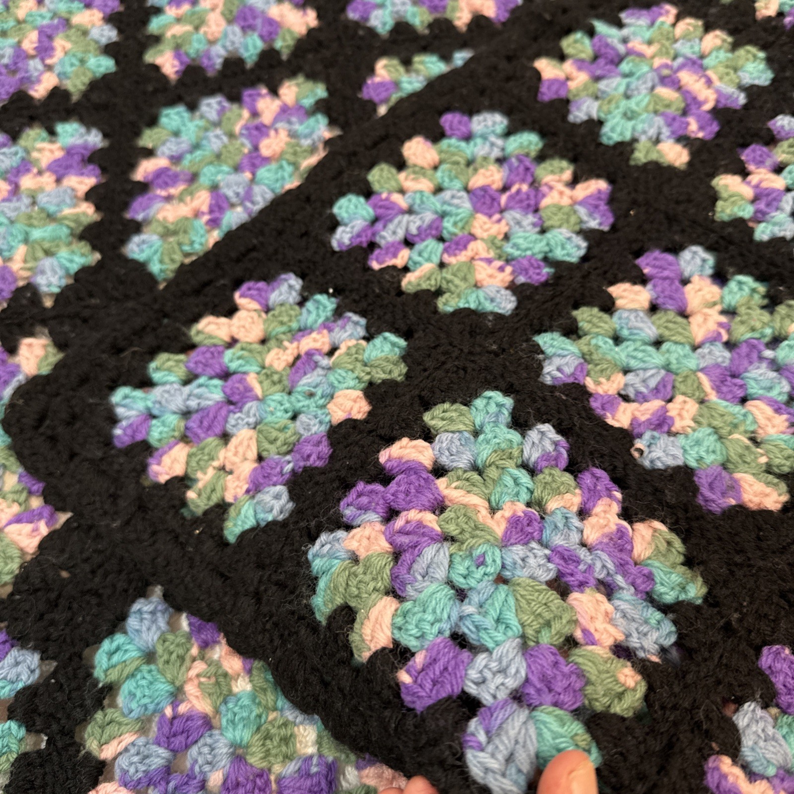 Vintage Crochet Granny Square Black Multicolor Afghan Throw 75”x46” gallery