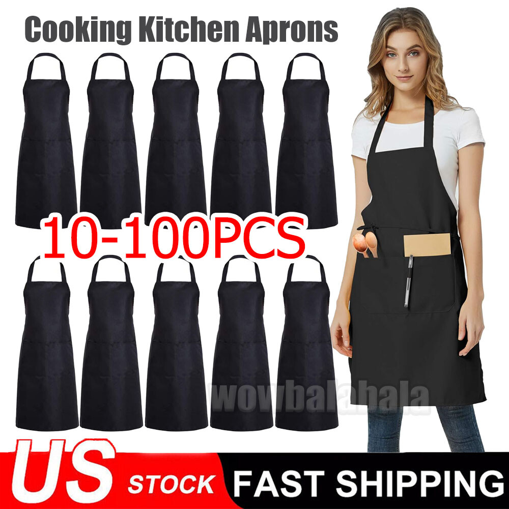 10-100x Solid Cooking Kitchen Restaurant Bib Apron Unisex Dress Black w/2 Pocket gallery