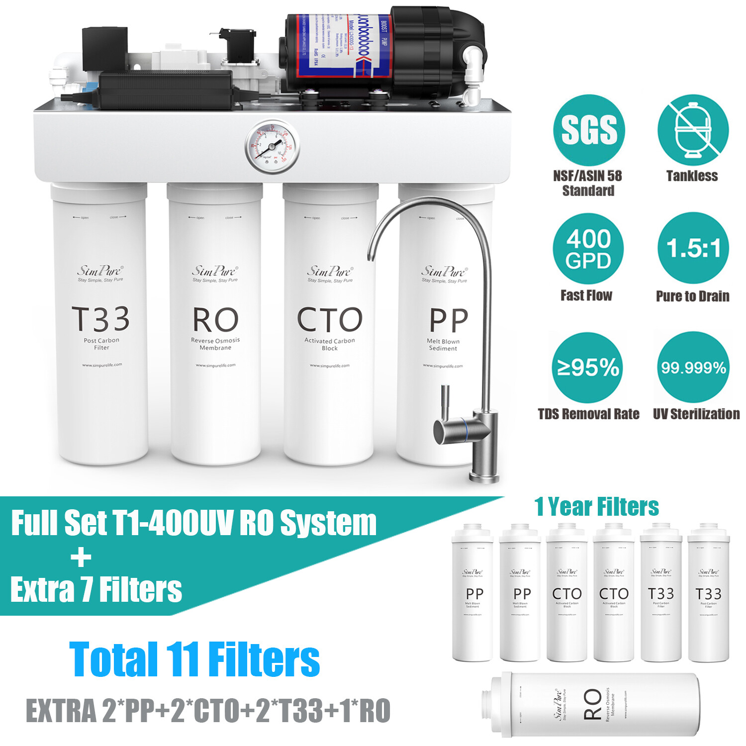 T1-400GPD 8 Stage UV Tankless Reverse Osmosis RO Water Filter System +11*Filters gallery