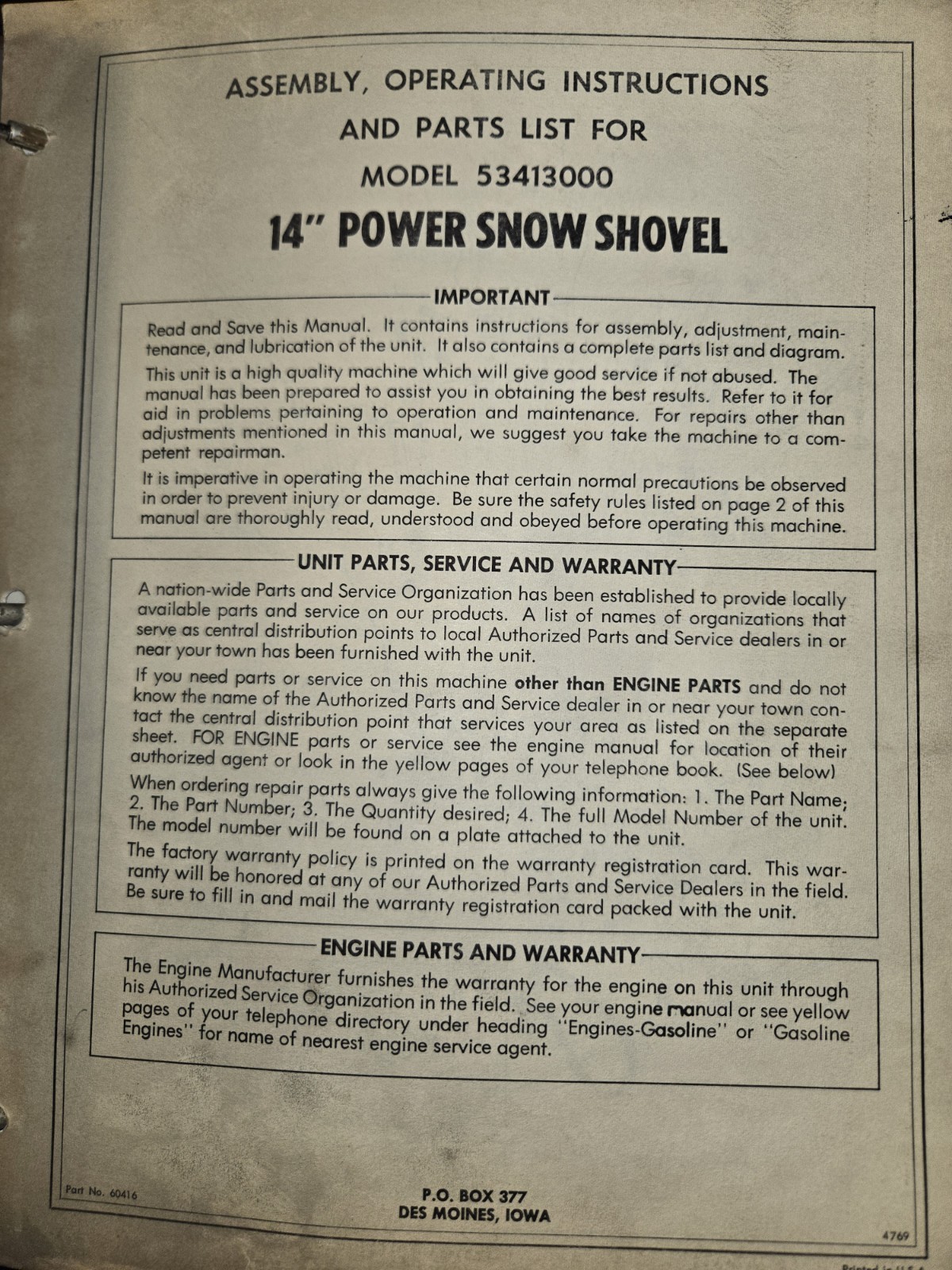 AMF 14" POWER SNOW SHOVEL ASSEMBLY INSTRUCTIONS AND PARTS LIST MODEL 53413000 gallery