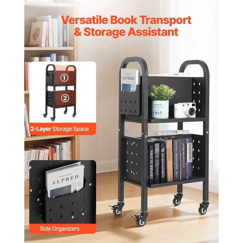 2-Tier Rolling Book Cart Double Sided L-Shaped Shelves Book Truck in Black gallery