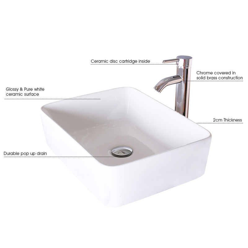 Bathroom Ceramic Vessel Sink White Rectangle Faucet Bowl Pop Up Drain Top Combo gallery