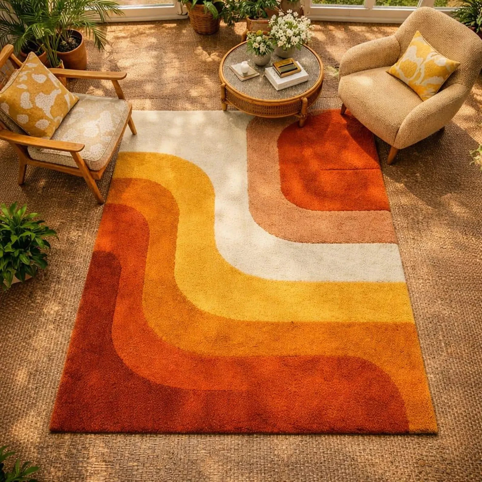 Retro Mid Century Shag Rug 70s Geometric Orange Yellow Vintage Plush Carpet gallery