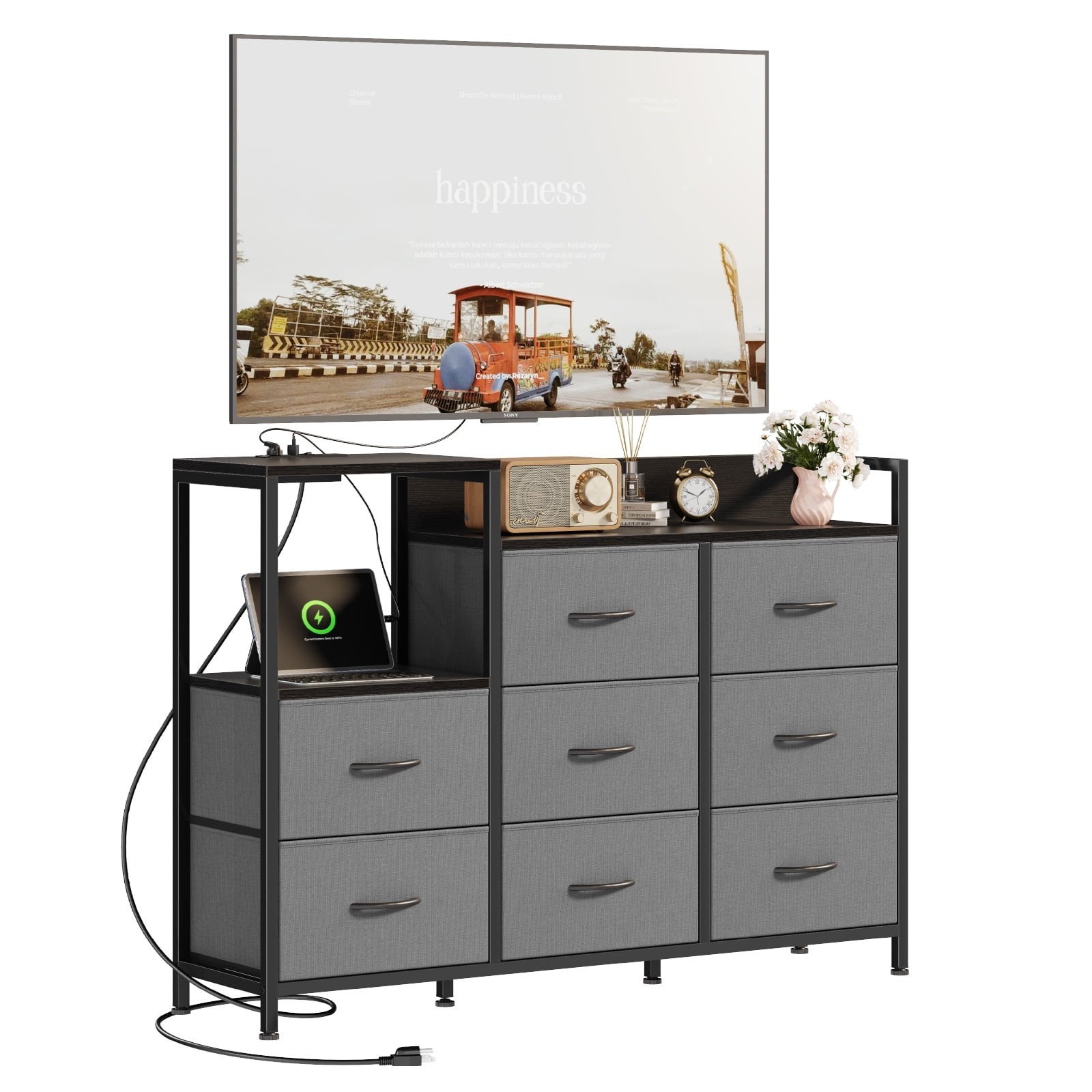 35 inch 8 Fabric Drawers TV Stand with Charging Station&Wooden Top,Media Console gallery