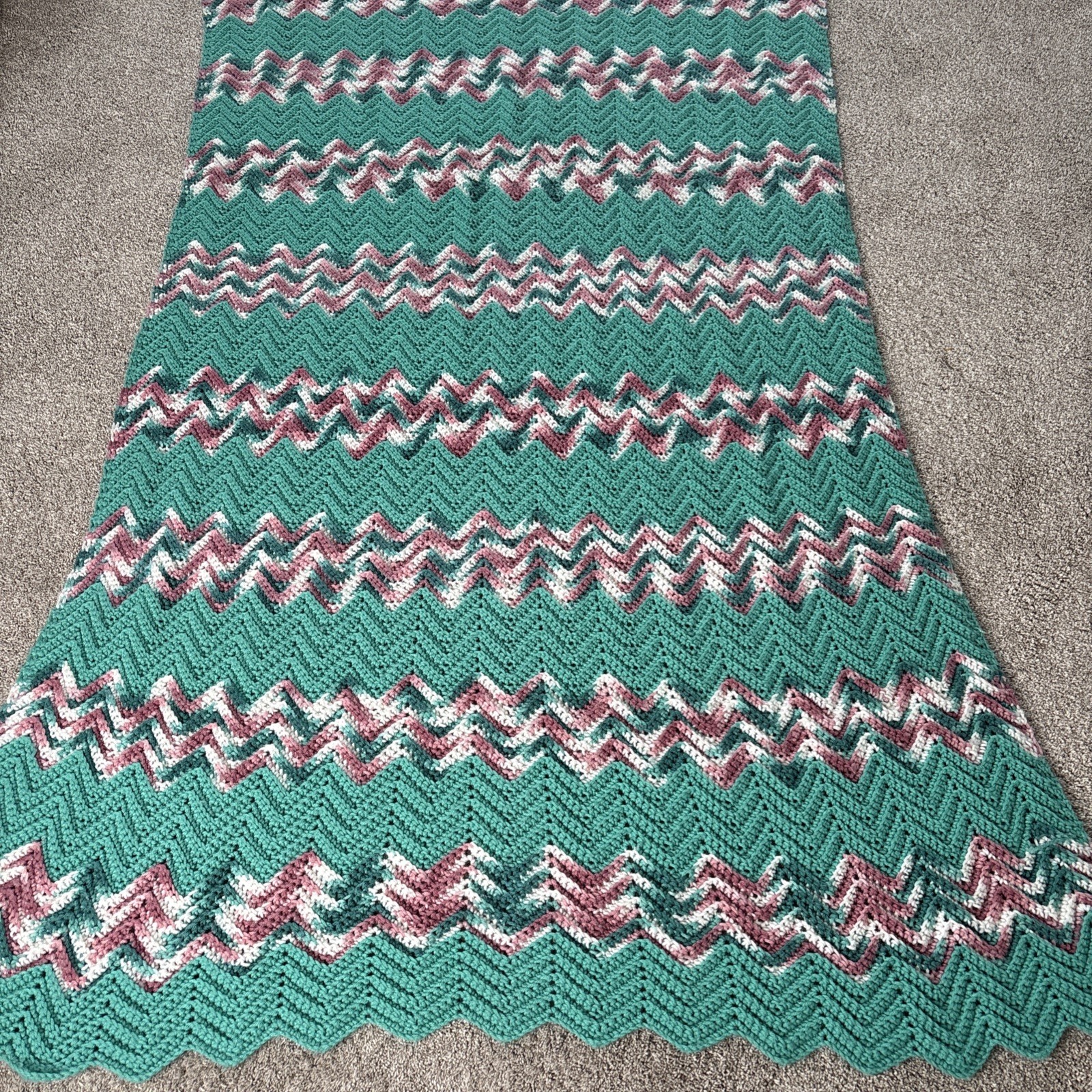Handmade Crochet AFGHAN Knit Chevron Zig Zag Blanket Throw Teal Pink White gallery