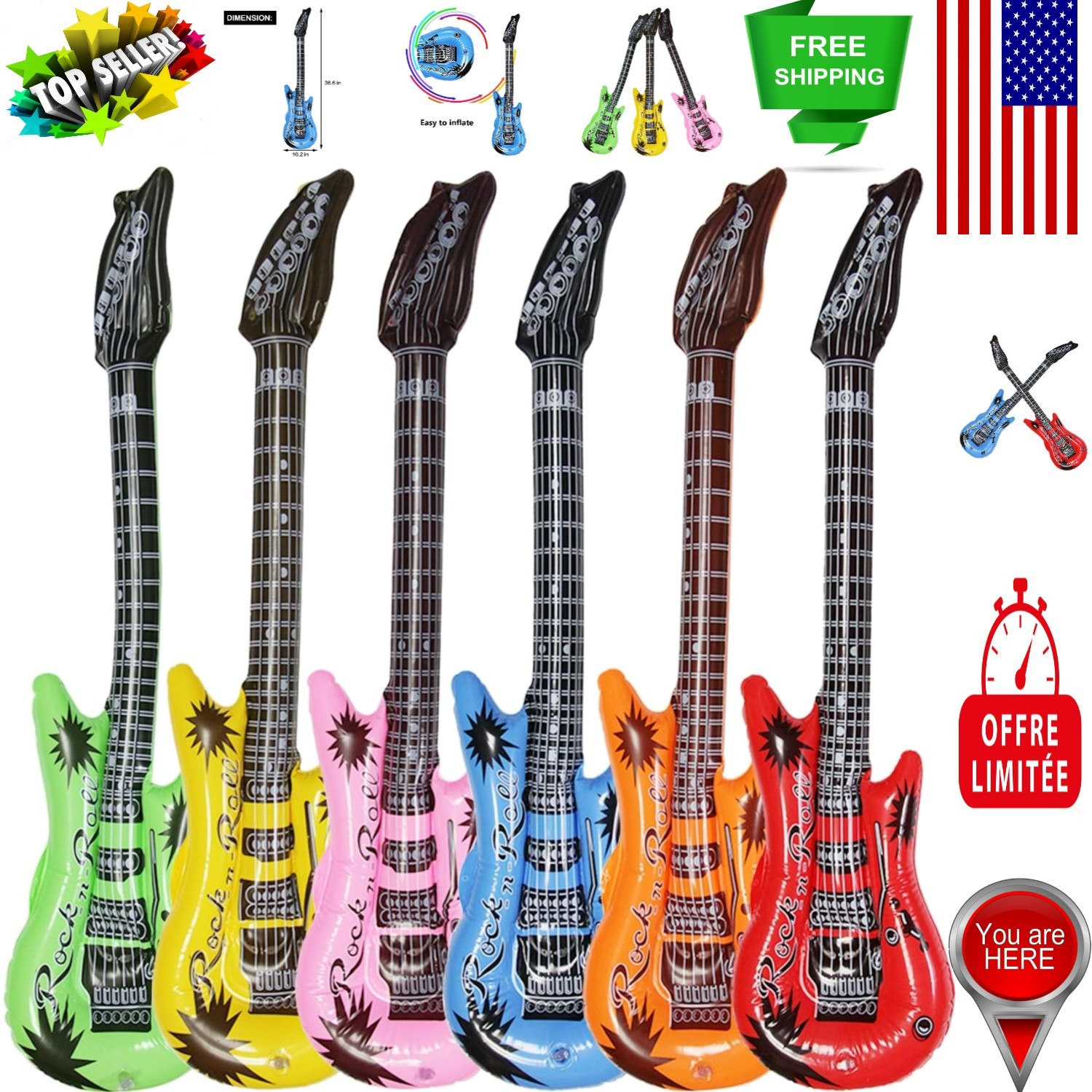 6-Pack Inflatable Guitars - Waterproof Party Decor in Assorted Colors, 37-Inches gallery