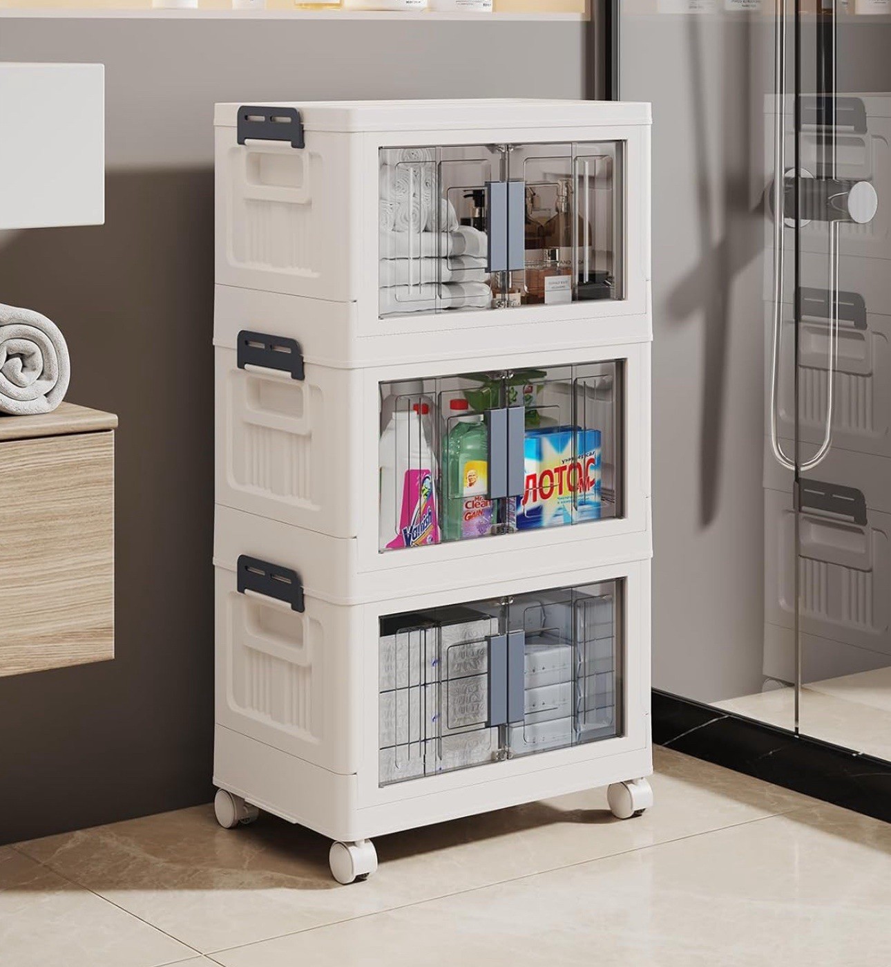 Stackable Storage Bins with Lids - Folding with Doors and Wheels. New In Box gallery