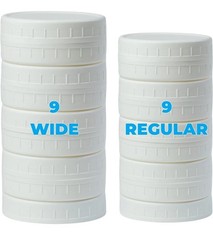 18 Pack White Plastic Mason Jar Lids with Silicone Rings, 9 Wide Mouth & 9 Regul
