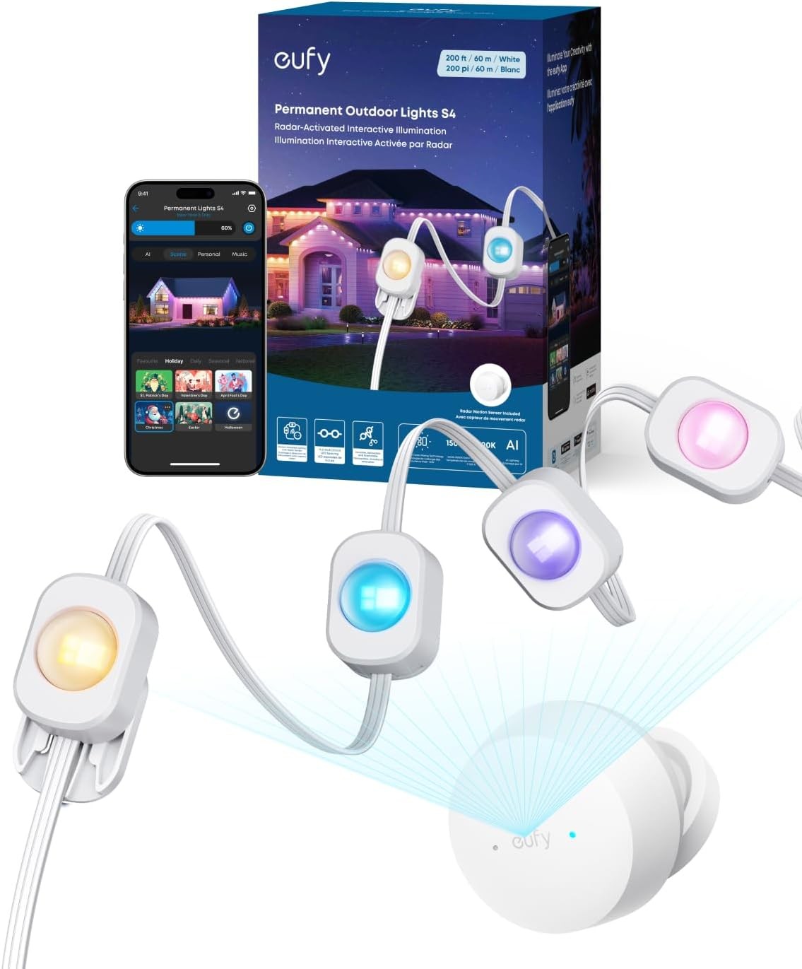 eufy Permanent Outdoor Lights S4 3D Radar-Activated 200ft Smart RGBWW IP67 gallery