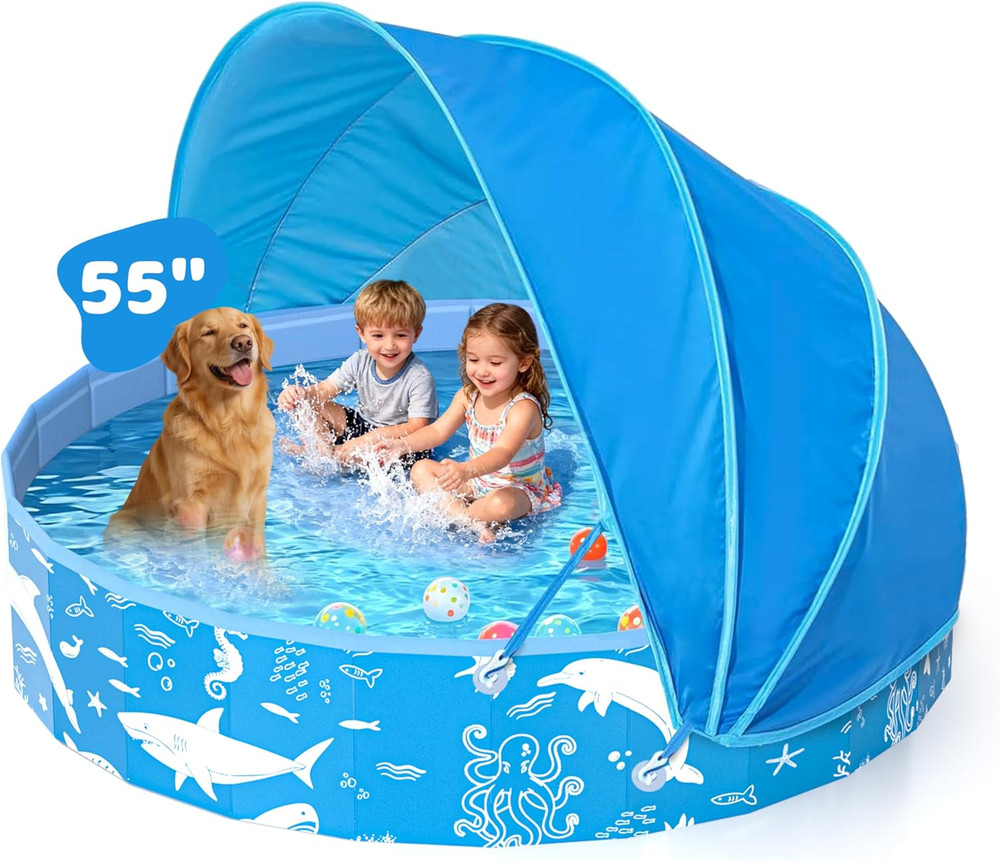 55” Extra Large Kiddie Pool with Canopy, UPF 50+ Sun Shade Baby Pool, No Inflat