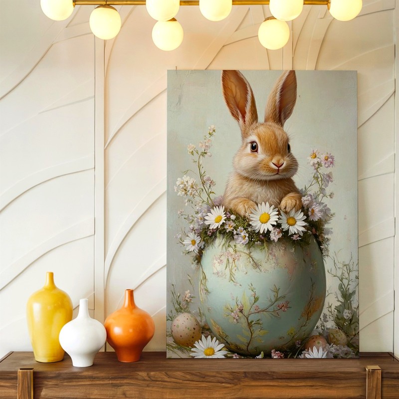 Wall Art Bunny Rabbit in Floral Easter Egg Daisies Spring Pastel Canvas Print gallery