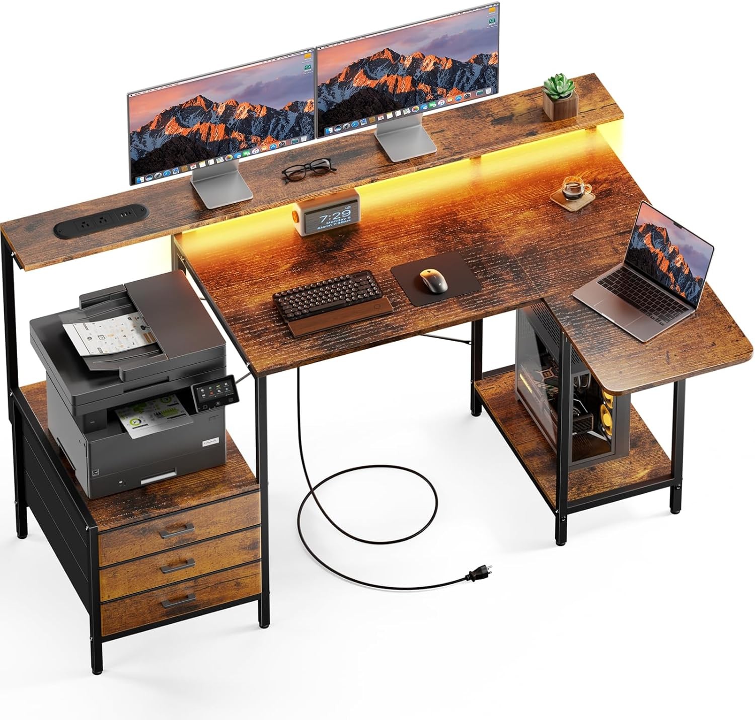 55 inch Computer Desk with Led Lights, Power Outlets & Storage Shelves, Brown gallery