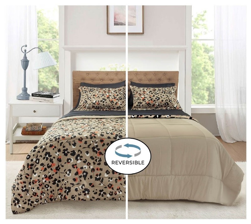 All in One Reversible Comforter and Sheet set- 7 Piece, Full, Beige Animal Print gallery