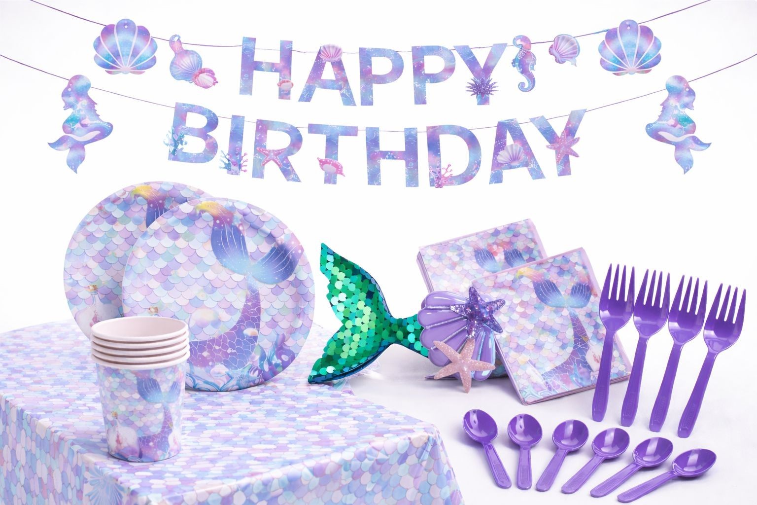 Purple Mermaid Party Decorations Set for Kids Birthday, Banner Plates Cups Napki gallery
