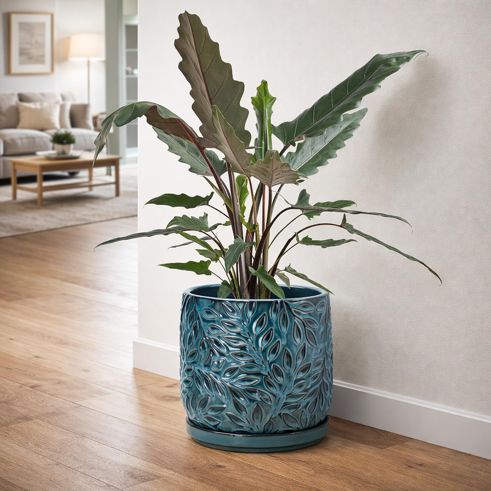 D'vine Dev 8 Inch Embossed Leaves Stoneware Planter Pot with Drainage Hole an... gallery