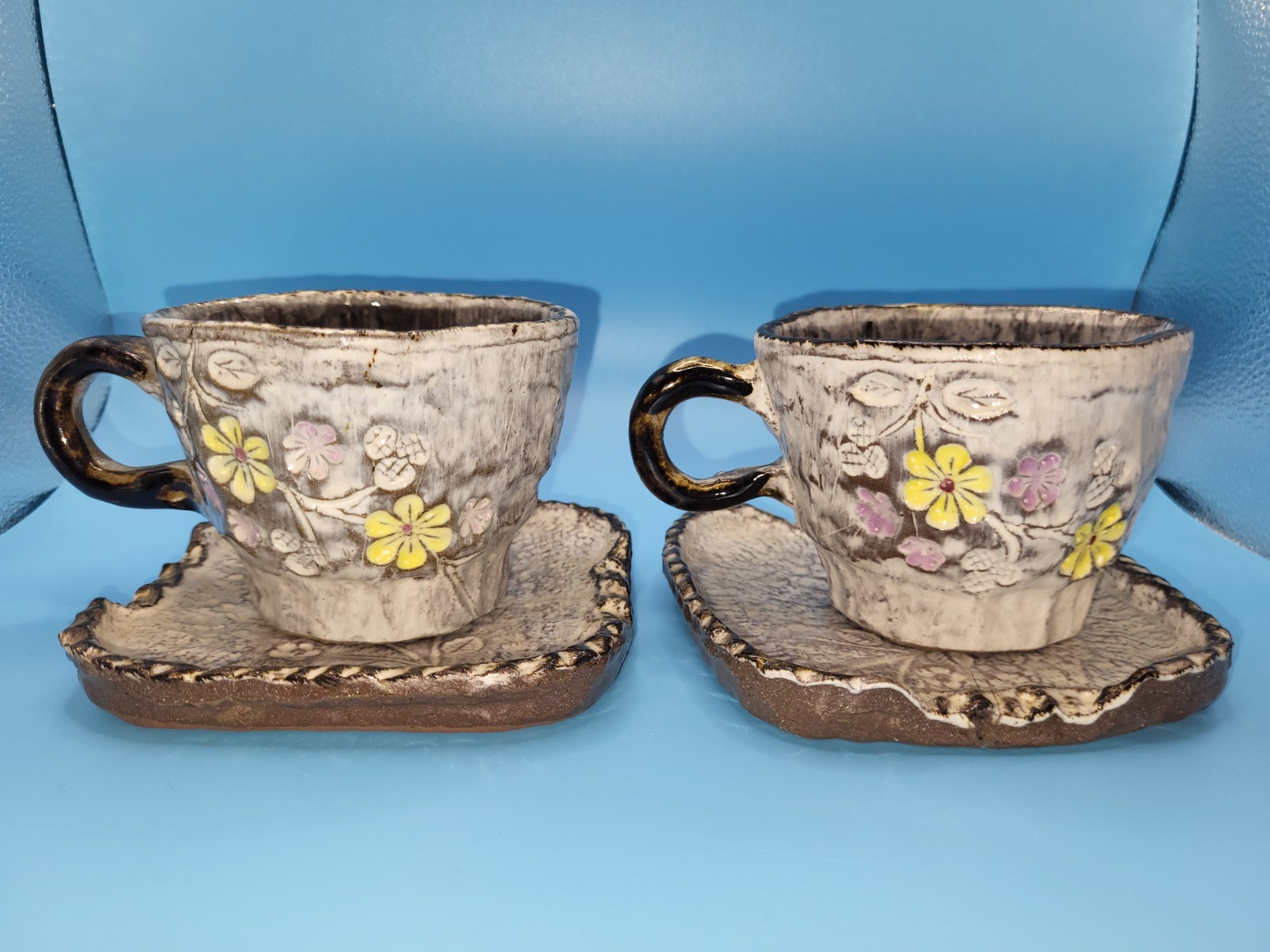 Korean Handmade Ceramic Cosmos Coffee Cup Set 2pcs with Saucers Gift gallery
