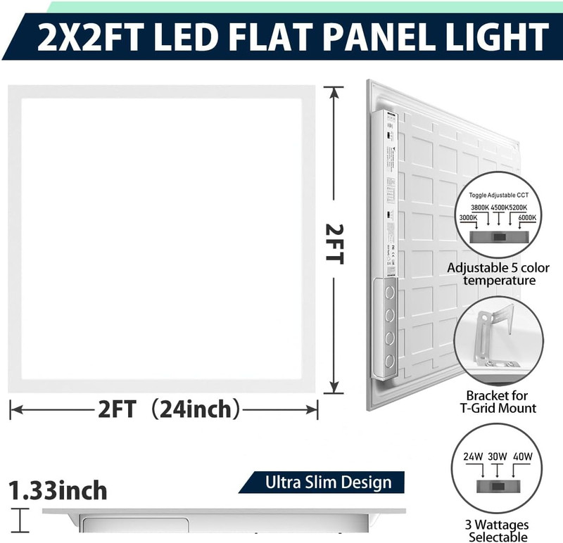 2X2 LED Flat Panel Light 6-Pack, Dimmable, 5CCT Options (3000K-6000K), 24W/30W/4 gallery