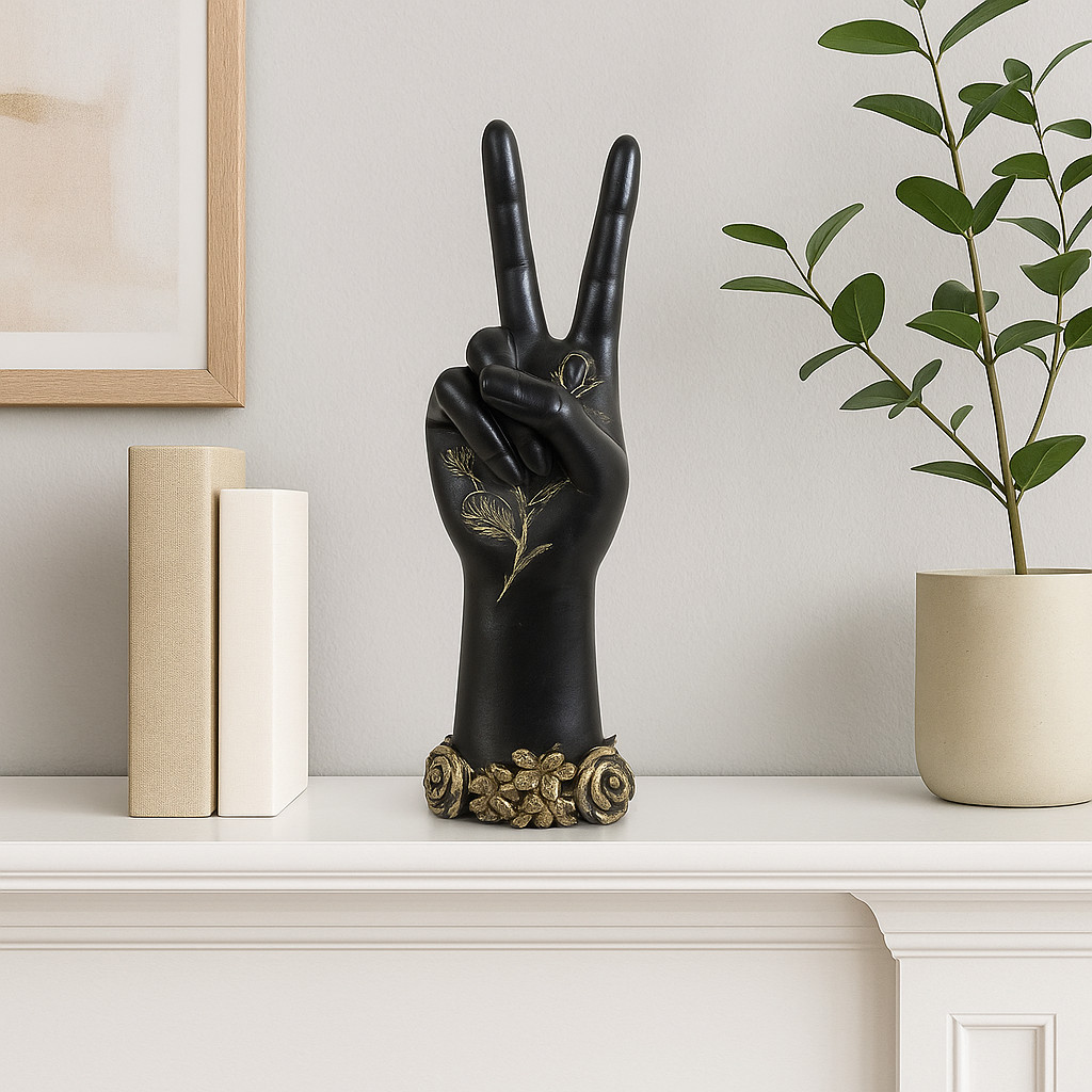 Decorative Peace Sign Hand Sculpture – 10.5" Black & Gold Rose Accent Statue gallery