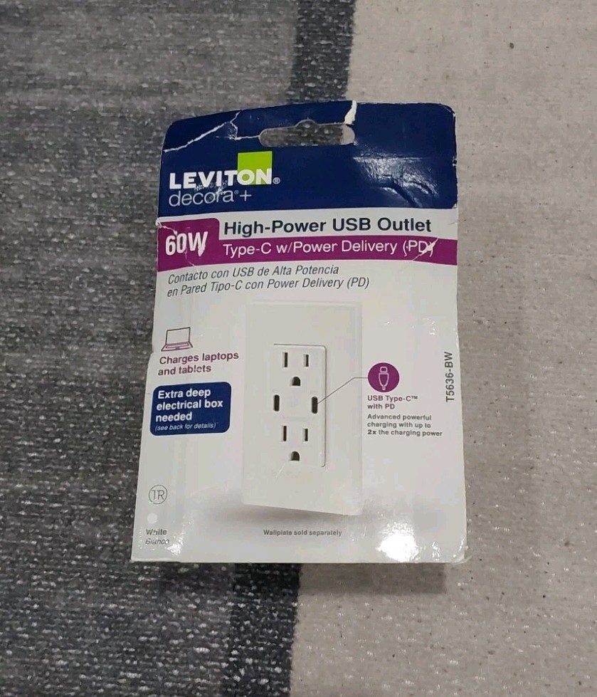 USB Wall Outlet High Power Dual Type-C w/ Power Delivery 60W (T5636-BW) NEW E3 gallery