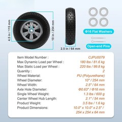 10″ Solid PU Run-Flat Tubeless Tire Wheel 2-Pack180 lbs Dynamic Load220 lbs