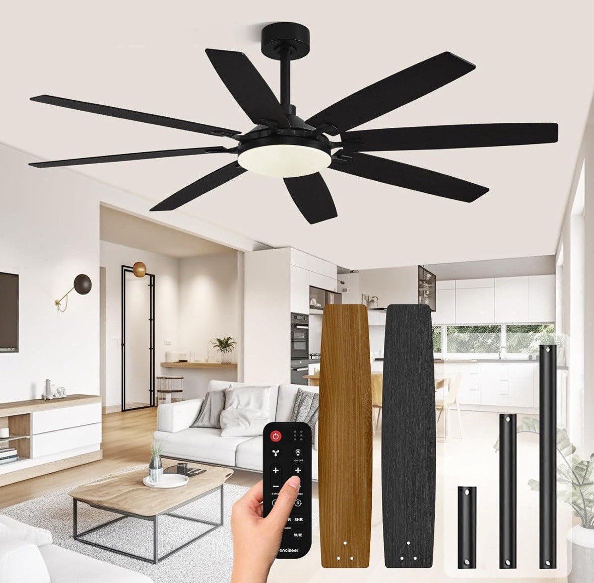 72'' Walnut Black Ceiling Fan with Light & Remote 6 Speeds 3CCT Reversible Motor gallery