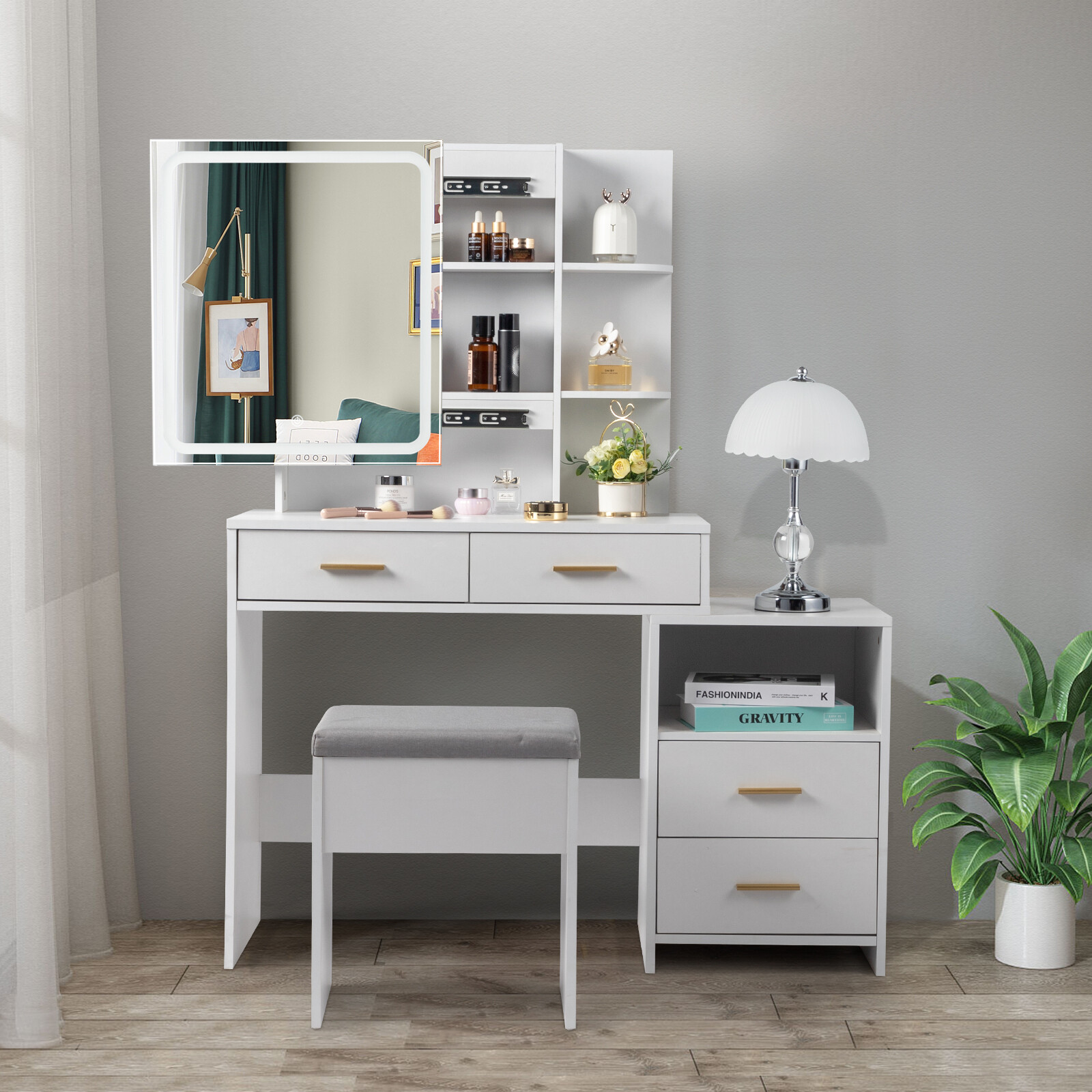 Particleboard Triamine Veneer 4 Drawers Mirror Cabinet Dressing Table Set White gallery