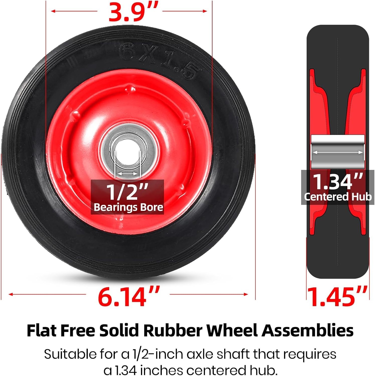 (2-Pack) 6” X 1.5” Flat Free Solid Rubber Wheel Assemblies - Replacement Hand T gallery