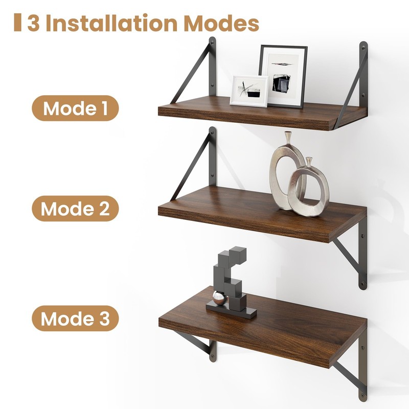 3 PCS Floating Shelves Wall Mounted Bookshelf Decorative Rack Walnut Color gallery