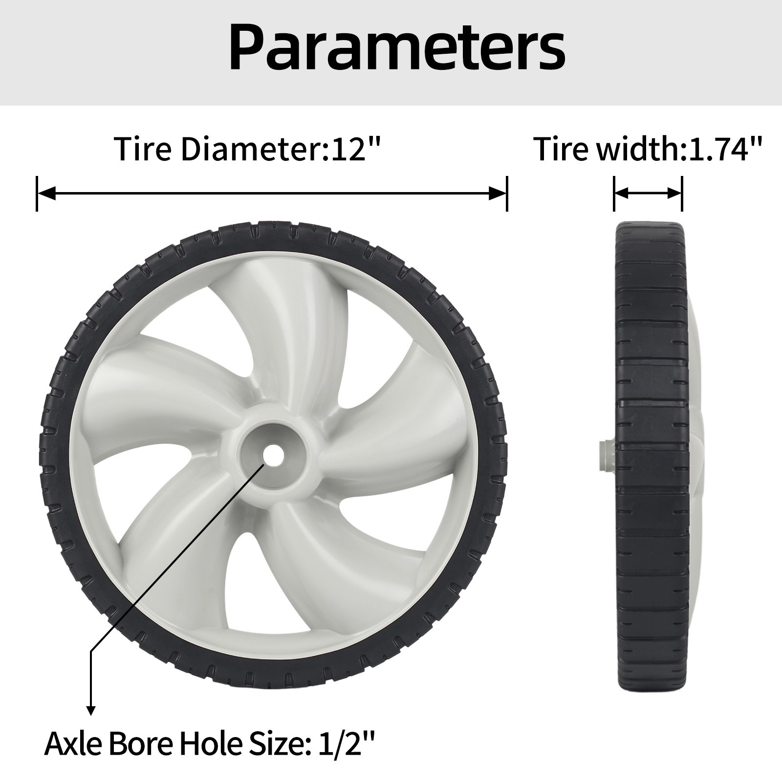 2 Set 12x1.75" Plastic Rear Lawn Mower Wheels for Arnold 490-324-0002, 1/2" Bore gallery