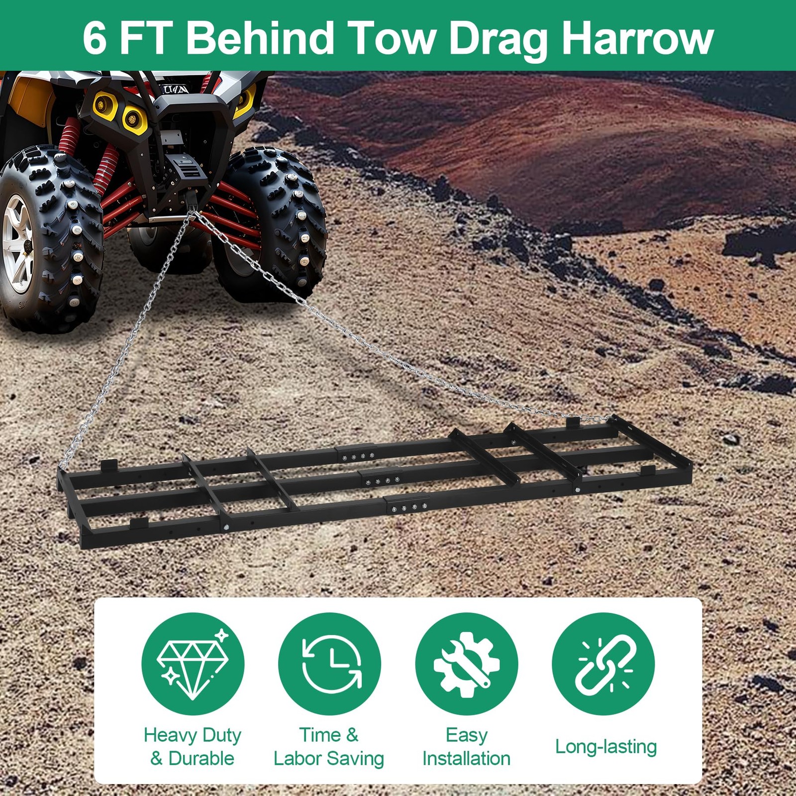 Drag Harrow 6 FT Heavy Duty Power Rake Tow Behind ATV UTV Tractor Toriexon Chain gallery