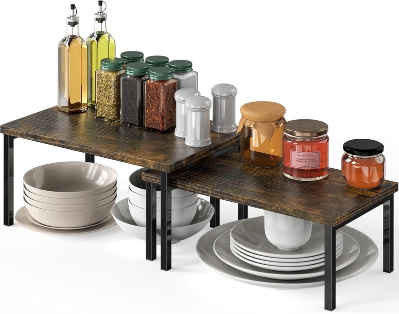 Expandable Stackable Cabinet Shelf Organizer Rustic Brown Engineered Wood Metal gallery