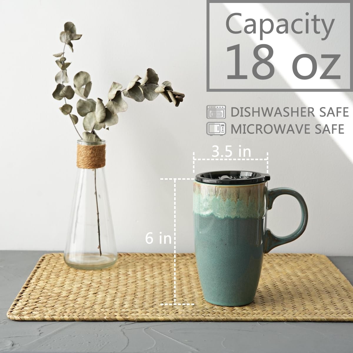 Ceramic Travel Coffee Mug with Handle and Lid, 18 oz, Portable Coffee Cup for... gallery