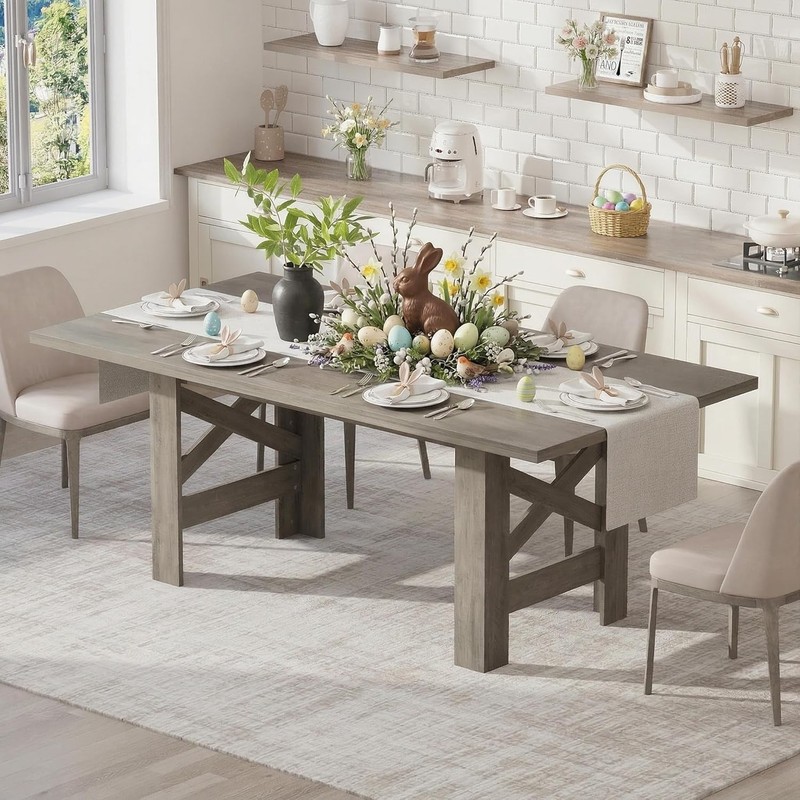 71" Rectangular Farmhouse Dining Table for 6-8, Wood Table Only, Triangular Legs gallery