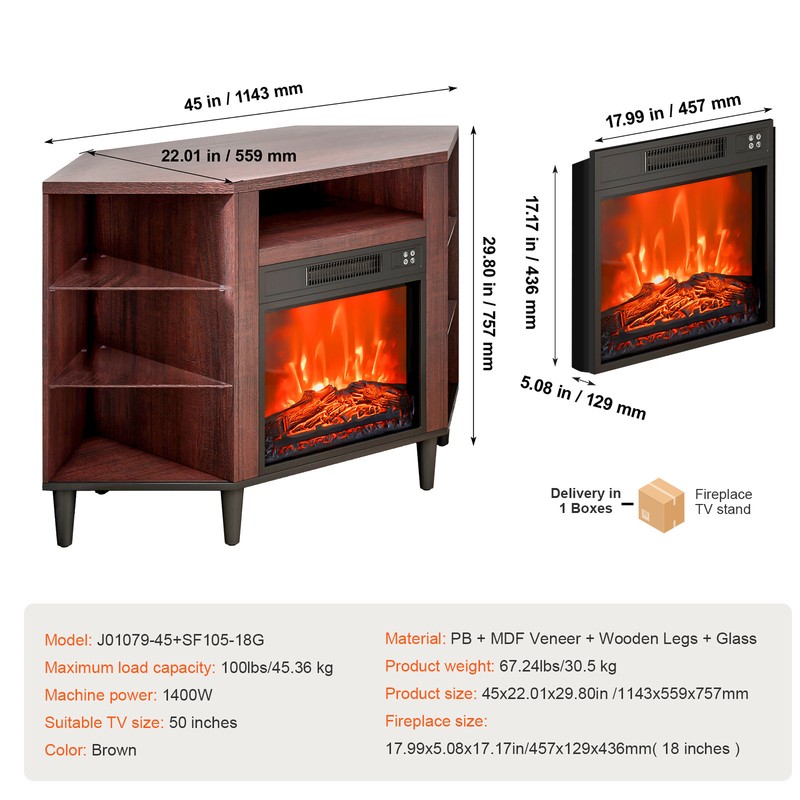 VEVOR Electric Fireplace TV Stand Corner TV Stand for TVs up to 50" Brown gallery