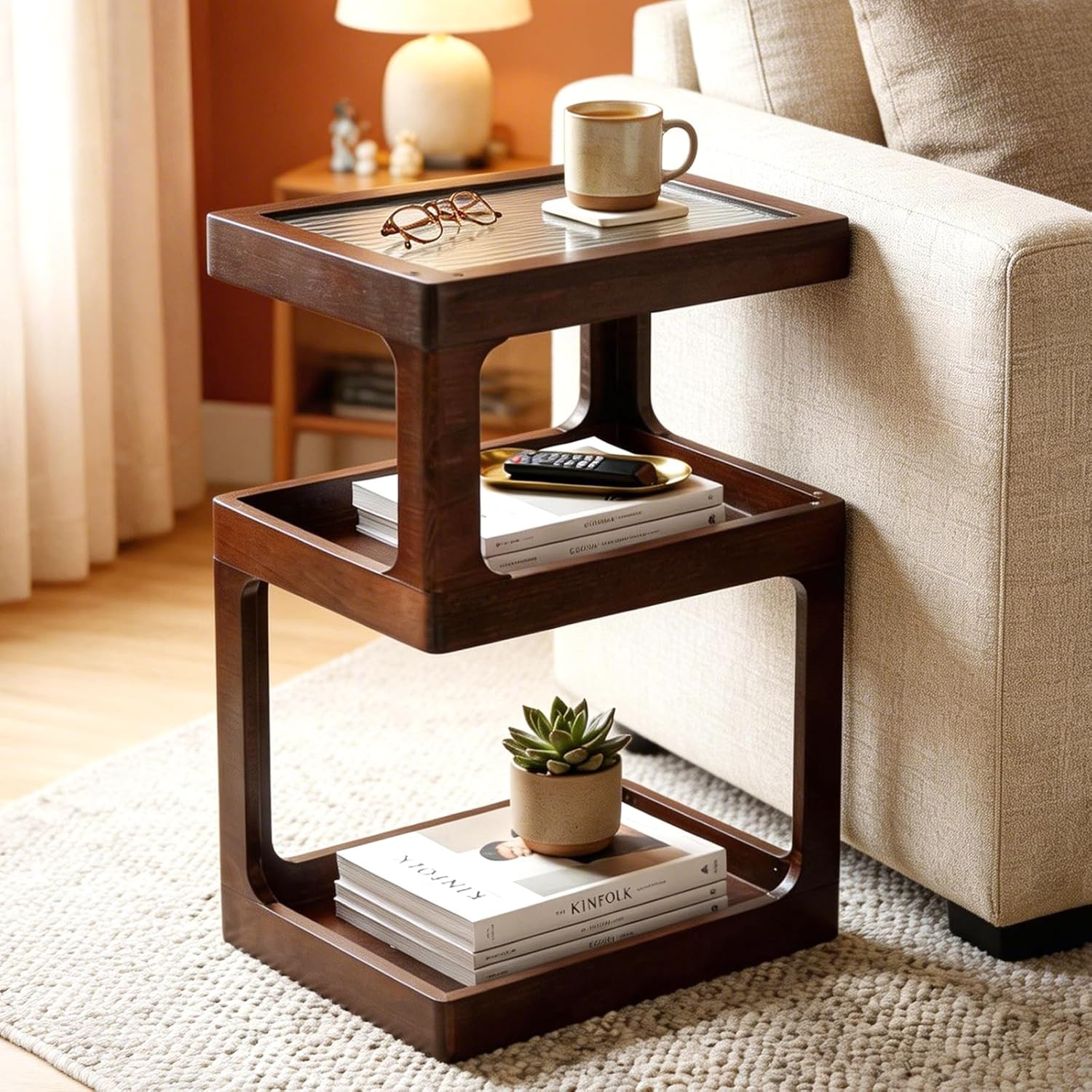 Solid Wood Side Table for Living Room, Narrow 3-Tier End Table with Fluted Acryl gallery