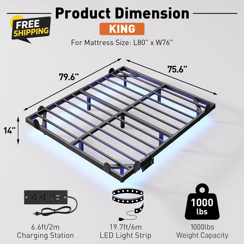 Floating Bed Frame with LED Lights and Charging Station, 14 Inch King Size gallery