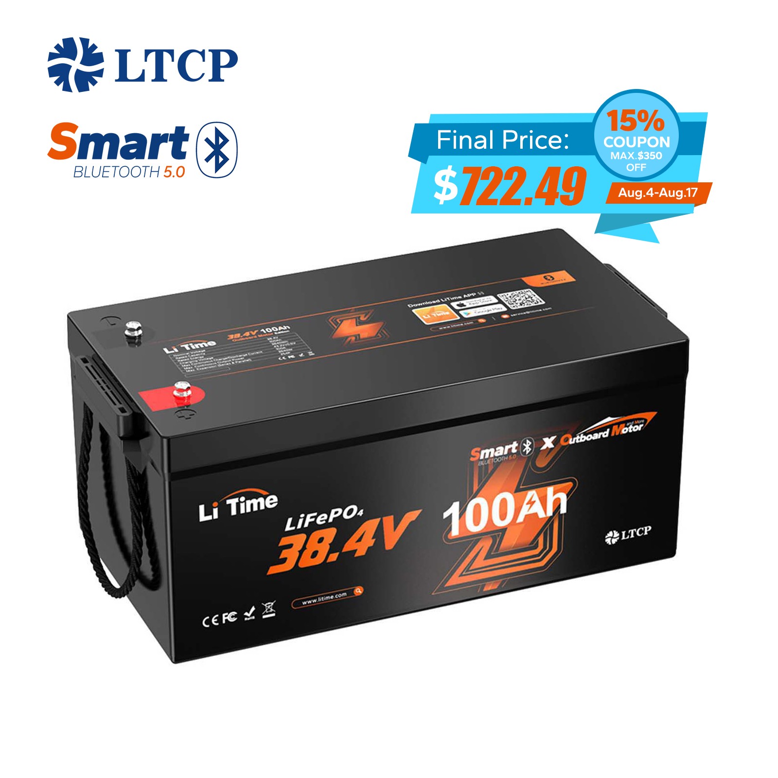 LiTime 36V 100Ah OBM TM Bluetooth LiFePO4 Lithium Battery For Outboard Motor gallery