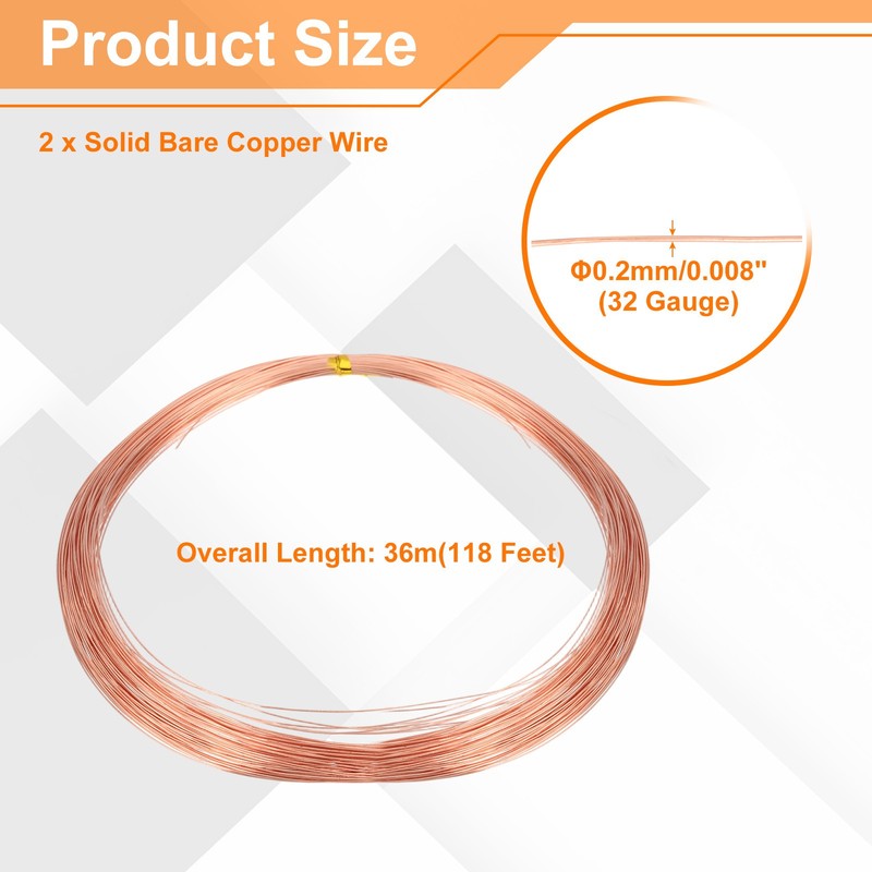 118Ft (36m) 32 Gauge (0.2mm) 99.9% Solid Bare Pure Copper Wire Soft Pack of 2 gallery