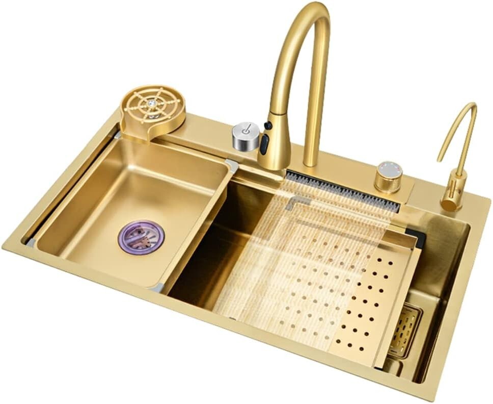 Flying Rain Stainles Steel Watefall Kitchen Sink w PullDown Faucet Gold 29.5INCH gallery