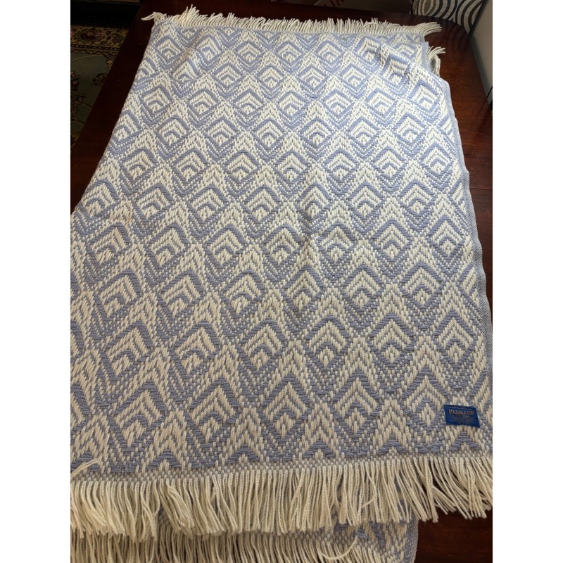 Pendleton Vintage Wool Throw Blanket 66x57 Blue Diamond Geometric Fringe USA gallery