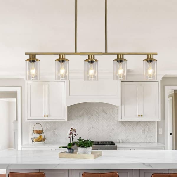 BASDIEN 37 in. 5-light Luxury Gold Linear Chandelier Light w/ Clear Glass Shades gallery