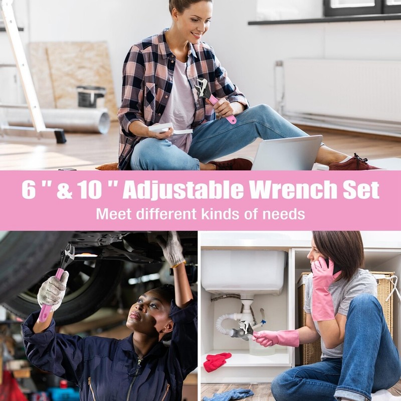 WORKPRO 6-Inch & 10-Inch 2-piece Pink Adjustable Wrench Set Metric & SAE Scales gallery